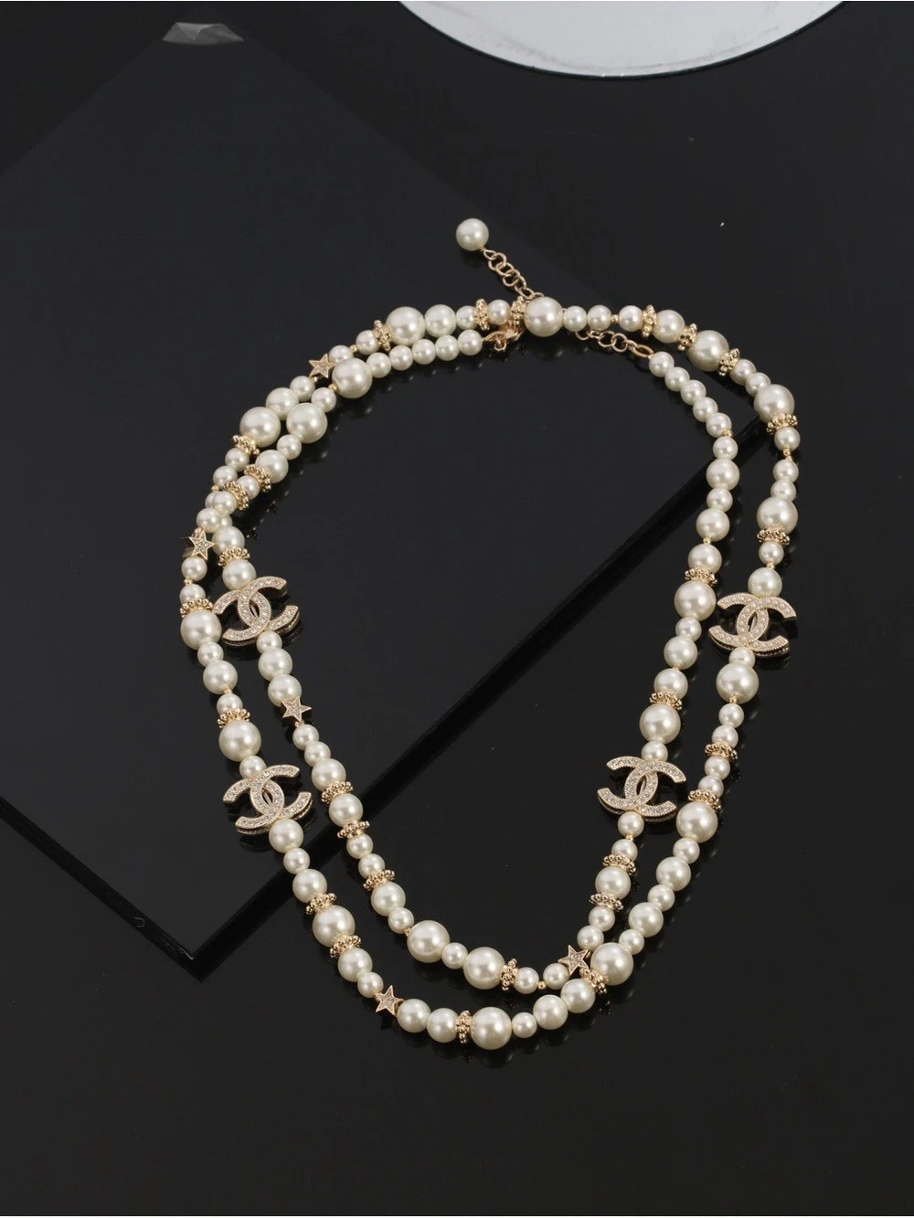 Chanel Pearl Crystal Logo Necklace in White & Gold Like New